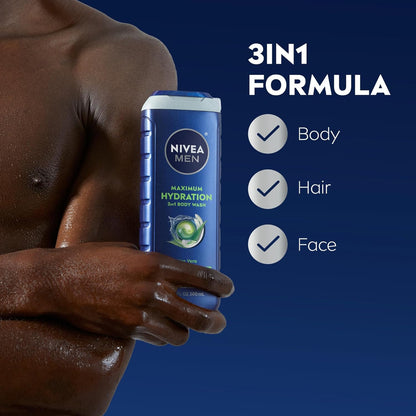 NIVEA MEN Maximum Hydration Body Wash for Dry Skin, Aloe Vera Enriched, 3-in-1 Moisturizing Body Wash, Face and Hair, Paraben Free, Vegan