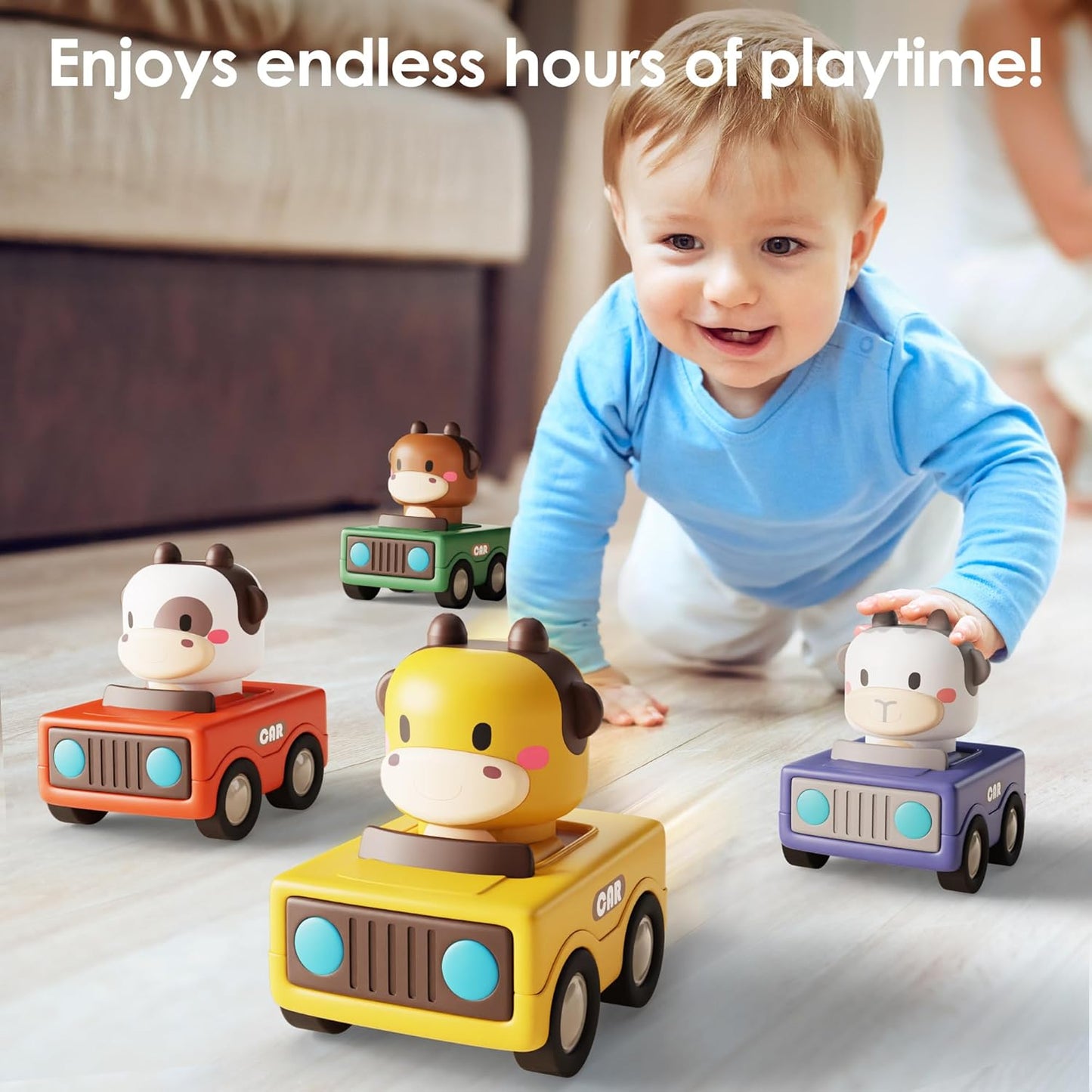 iPlay, iLearn Press to Go Car Toys for Toddlers 1-3, Baby Animal Racing Cars, Infant Play Vehicle