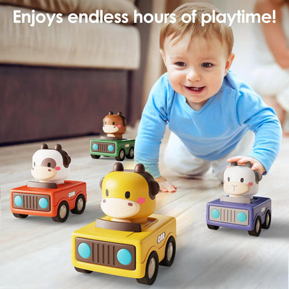 iPlay, iLearn Press to Go Car Toys for Toddlers 1-3, Baby Animal Racing Cars, Infant Play Vehicle