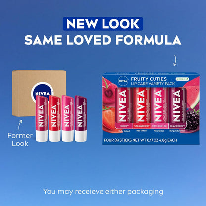NIVEA Lip Care, Fruity Tinted Lip Balm Variety Pack, Cherry, Strawberry, Blackberry and Watermelon Flavors, 3-in-1 Moisture, Repair and