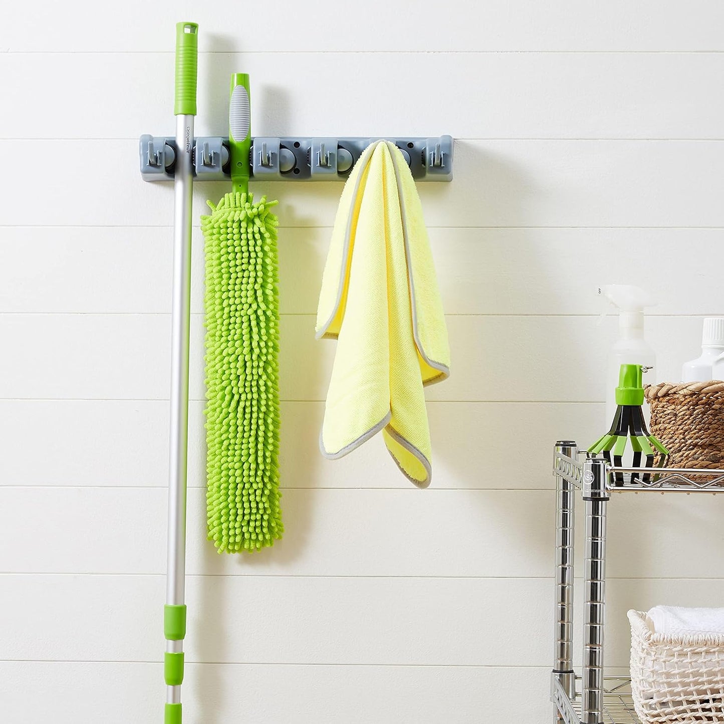 Amazon Basics Rectangular Heavy Duty Wall Mount Broom and Mop Holder, Sturdy Tool Organizer with Hooks and Slots for Garage, Garden