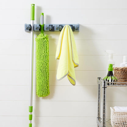 Amazon Basics Rectangular Heavy Duty Wall Mount Broom and Mop Holder, Sturdy Tool Organizer with Hooks and Slots for Garage, Garden