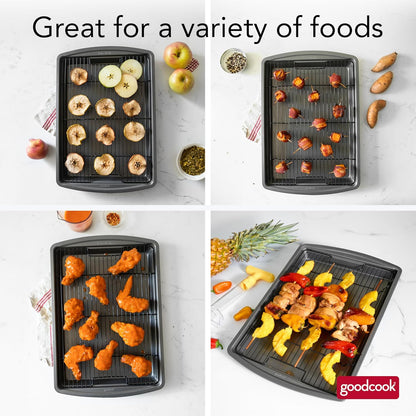 GoodCook 15 x 10.5 Nonstick Carbon Steel Baking Pan & Raised Wire Rack Pizza Crisper, Crispy Bacon, Multipurpose Cooking Sheet Pan, Cooling