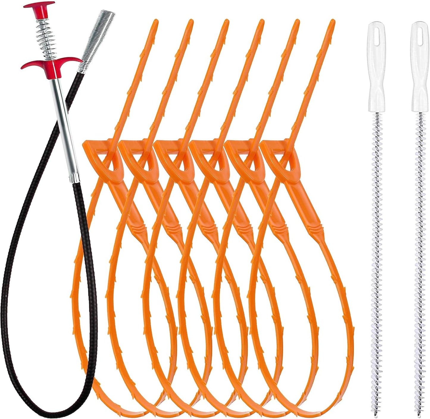35.5inch Drain Clog Remover(1pcs), 25inch Drain Snake Hair Remover(6pcs) Cleaning Brush(2pcs), Hair Catcher Drain Auger Cleaner Tool Set For