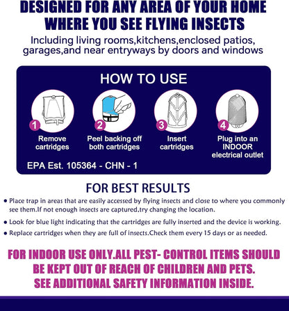 Flying Insect Trap for Indoor Use (2 Staters & 6 Refill Cartridges), UV Light Bug Catcher for Fruit Flies, Gnats & Small Flying Pests, Silent