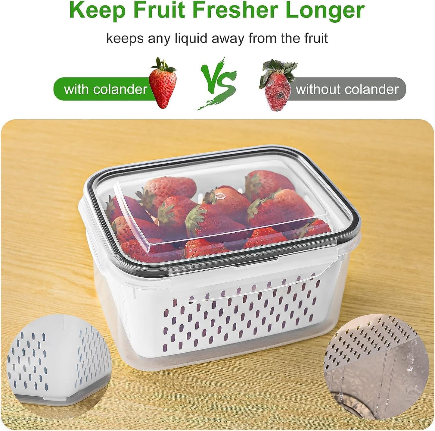 Freshmage Fruit Storage Containers for Fridge with Removable Colander, Airtight Food Storage