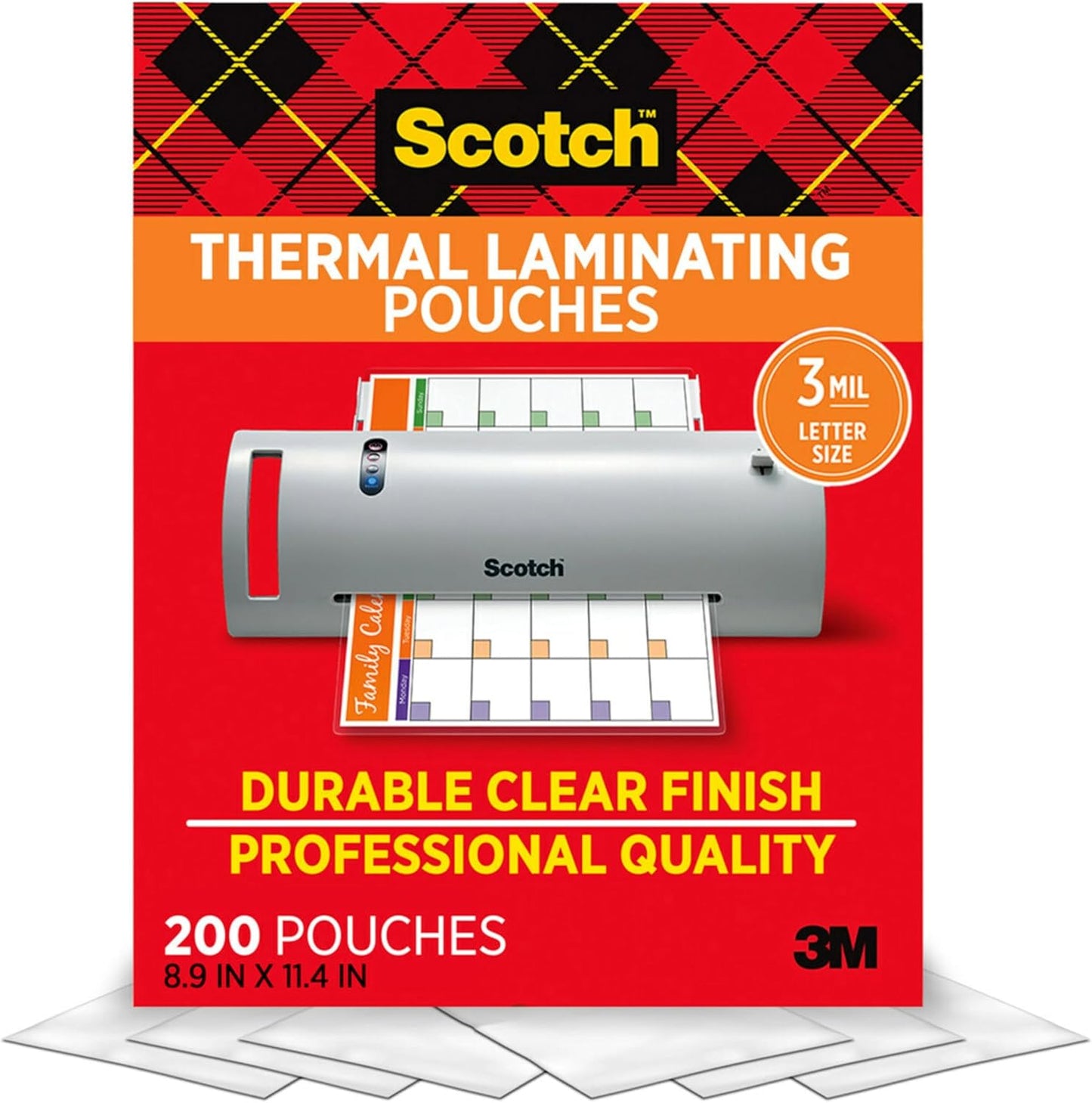 Scotch Thermal Laminating Pouches, 200 Count, Clear, 3 mil., Ideal Office or School Supplies, Fits Letter Sized Paper (8.9 in. 11.4 in.)