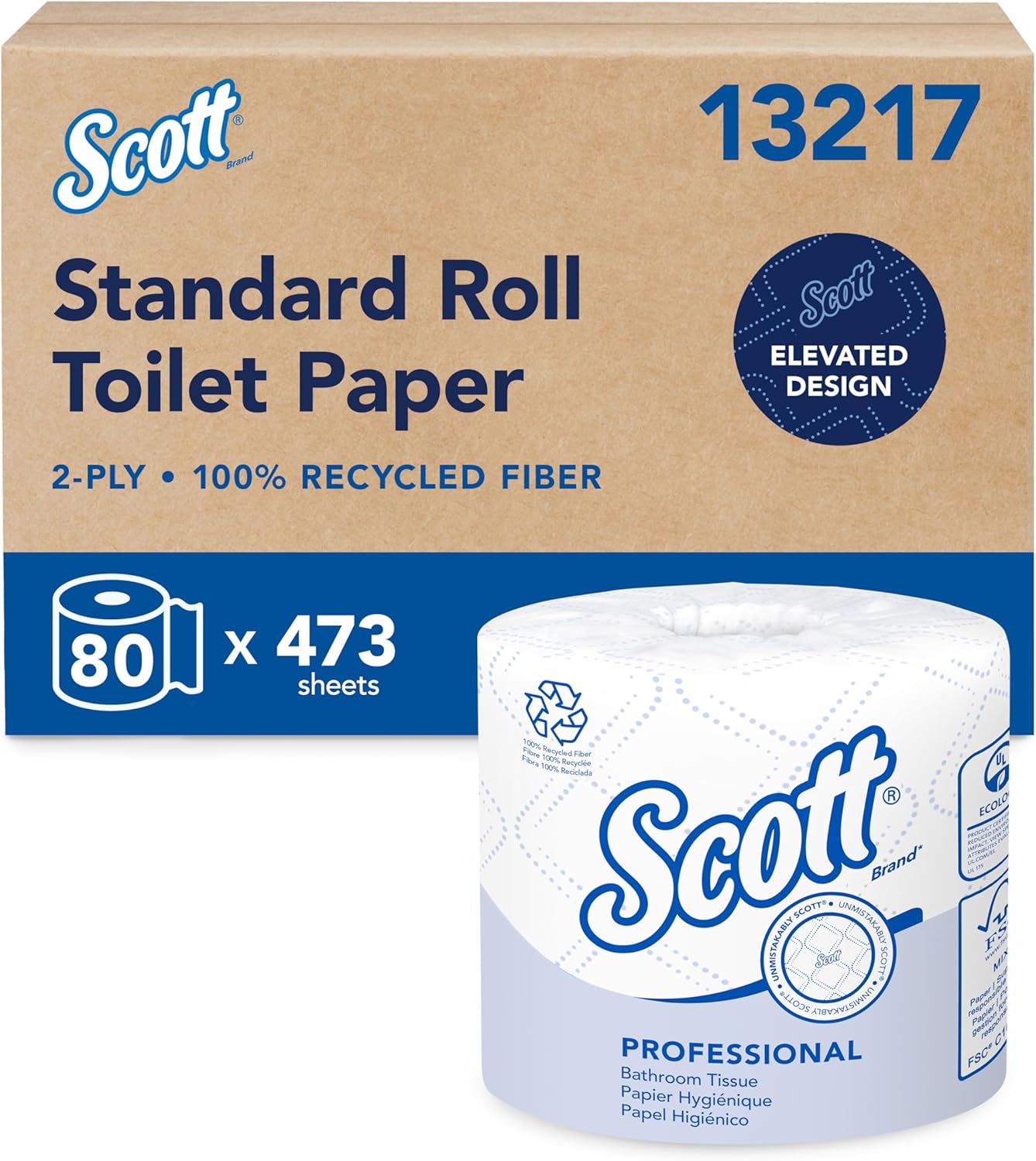 Scott Professional 100% Recycled Fiber Standard Roll Bulk Toilet Paper (13217), 2-Ply, Elevated Design