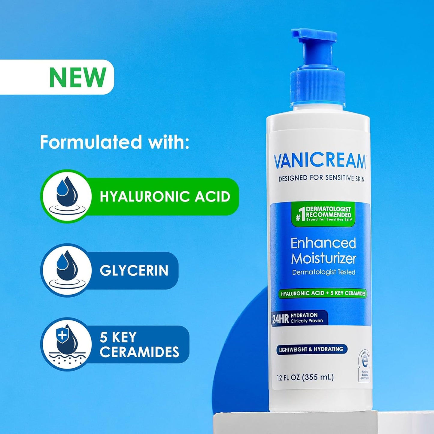 Vanicream Enhanced Moisturizer, 12 Fl Oz, Daily Body Lotion for Dry, Sensitive Skin, Clinically Tested 24Hr Hydration with Hyaluronic