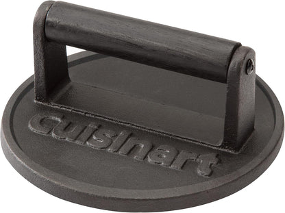 Cuisinart 6.5" Cast Iron Smashed Burger Press, Round Flat Edge Grill Press for Crispy Smash Burgers, Burger Tool for Grill and Griddle