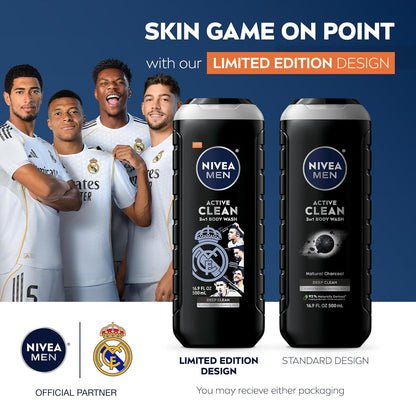 NIVEA MEN Real Madrid Limited Edition Design Active Clean Body Wash with Natural Charcoal for Normal to Oily Skin, 3-in-1 Charcoal Body