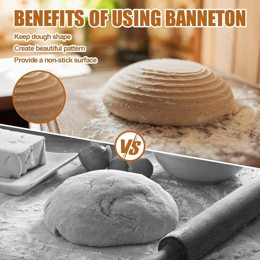 Dimpola Banneton Bread Proofing Basket - 9 inch Banneton Basket Set of 2 Sourdough Proofing Basket Round Proofing Bowls Handmade Rattan Baskets and