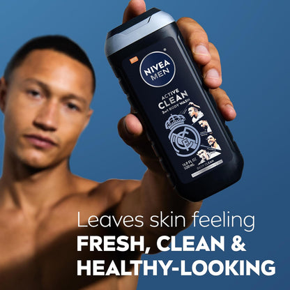 NIVEA MEN Real Madrid Limited Edition Design Active Clean Body Wash with Natural Charcoal for Normal to Oily Skin, 3-in-1 Charcoal Body