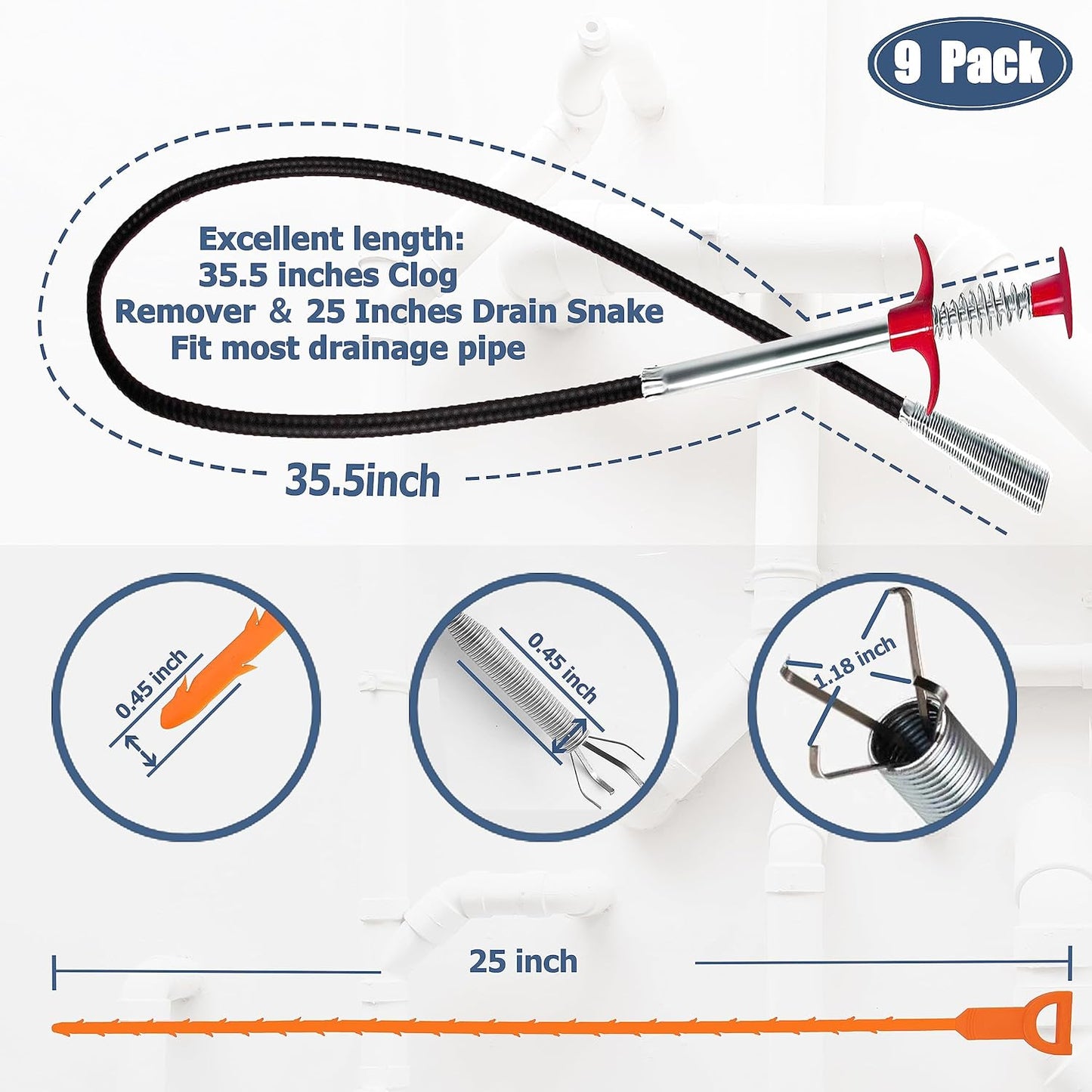35.5inch Drain Clog Remover(1pcs), 25inch Drain Snake Hair Remover(6pcs) Cleaning Brush(2pcs), Hair Catcher Drain Auger Cleaner Tool Set For