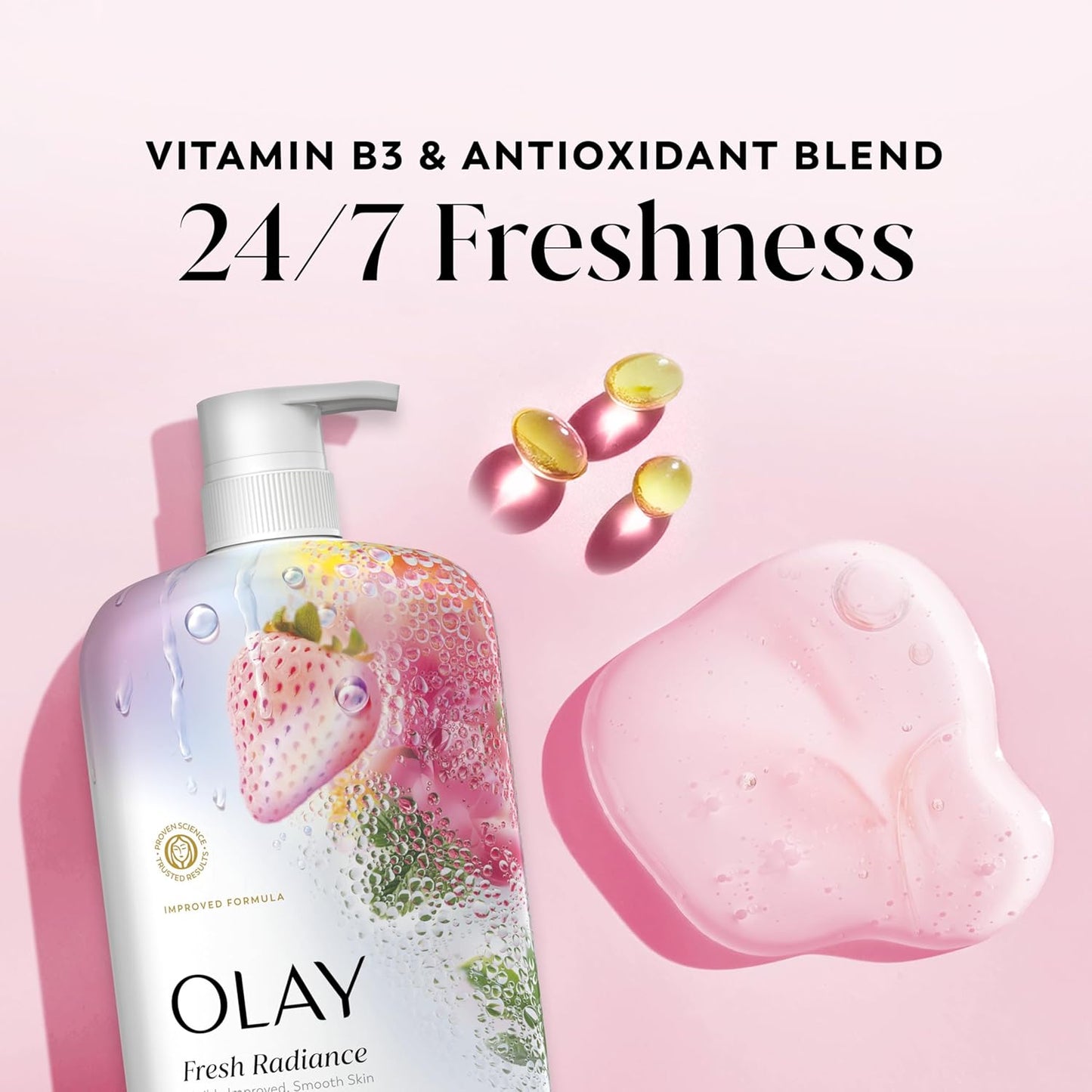 Olay Body Wash for Women, Fresh Radiance, 24/7 Skin-Loving Freshness, Visibly Radiant, Plant Based Cleansers, Vitamin B3 & Antioxidant