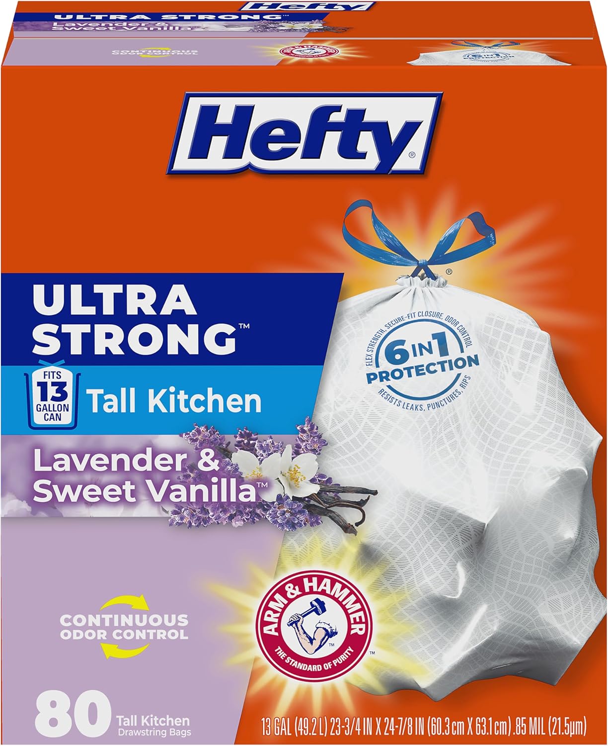 Hefty Ultra Strong 13 Gallon Trash Bags, Tall Kitchen Trash Bags 13 Gallon Size, Drawstring Closure, Continuous Odor Control