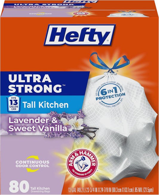 Hefty Ultra Strong 13 Gallon Trash Bags, Tall Kitchen Trash Bags 13 Gallon Size, Drawstring Closure, Continuous Odor Control