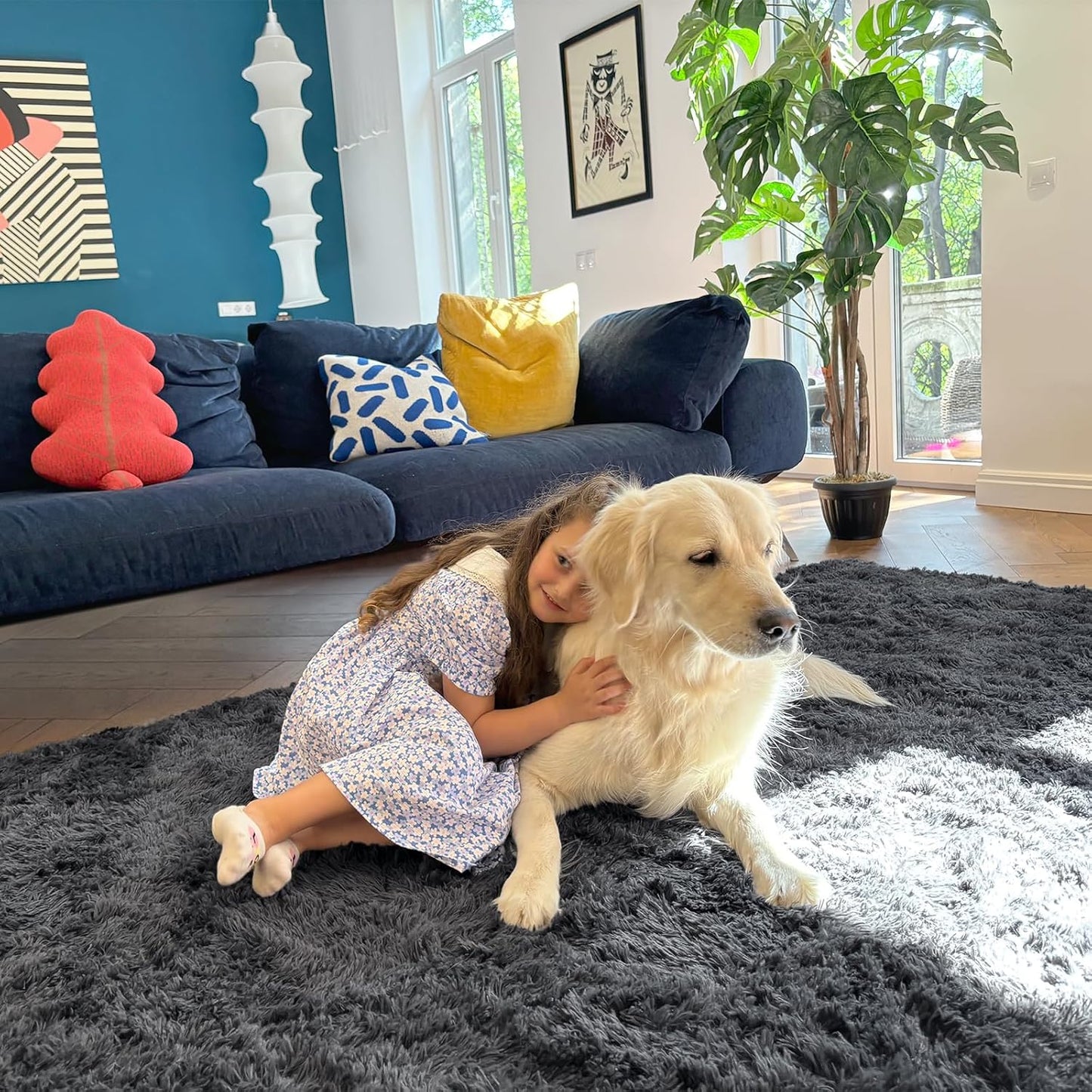 OLANLY Area Rugs for Living Room Bedroom, Machine Washable 4x5.9 ft Soft Fluffy Shaggy Bedside Rug, Indoor Floor Carpet for Kids Girls and