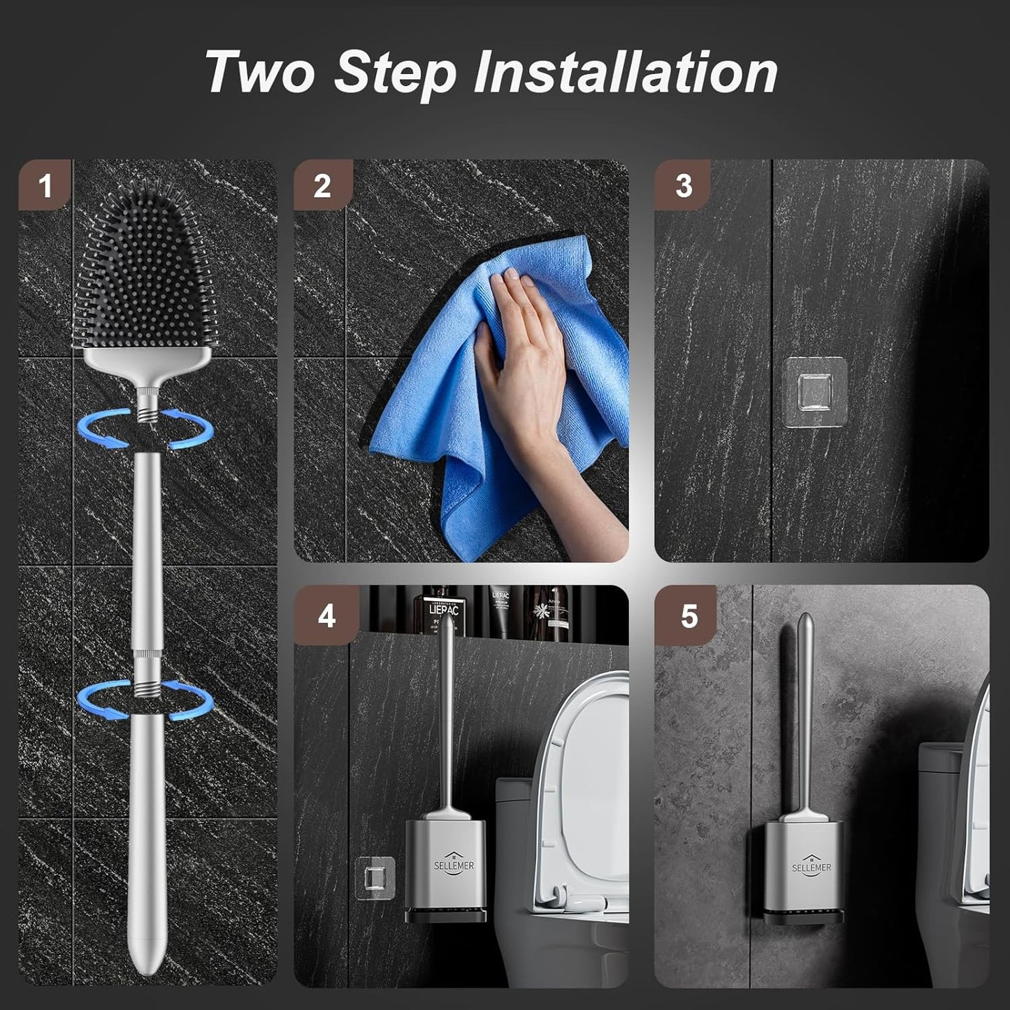 Sellemer Toilet Brush and Holder Set - Flexible Toilet Bowl Brush Head with Silicone Bristles, Compact Size for Storage and