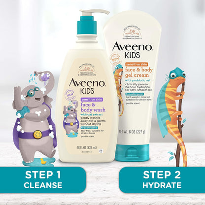 Aveeno Sensitive Skin Face & Body Gel Cream for Kids with Prebiotic Oat, Clinically Proven 24 Hour Hydration for Soft