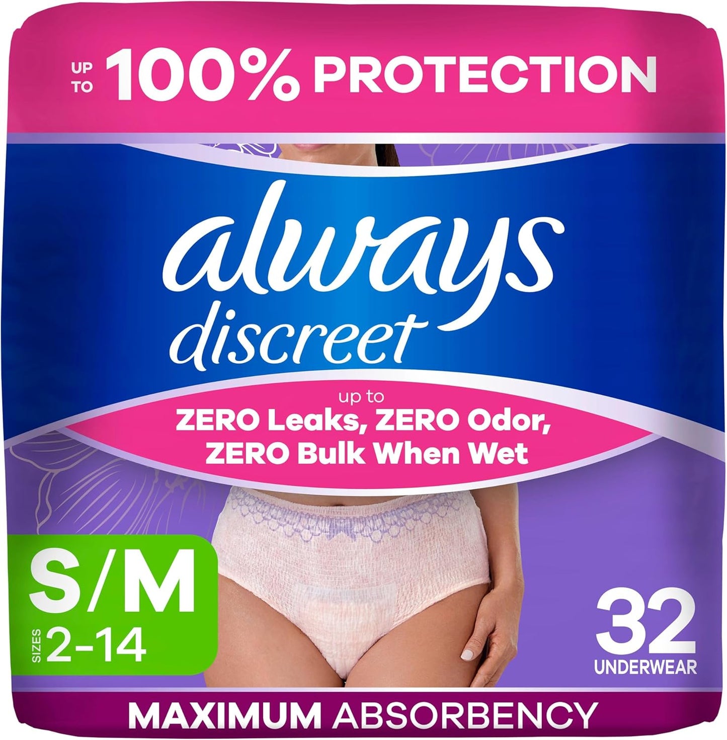 Always Discreet Adult Diapers for Women, Incontinence Underwear, Postpartum Essentials, Disposable Briefs, Max Absorbency, Bladder Leak