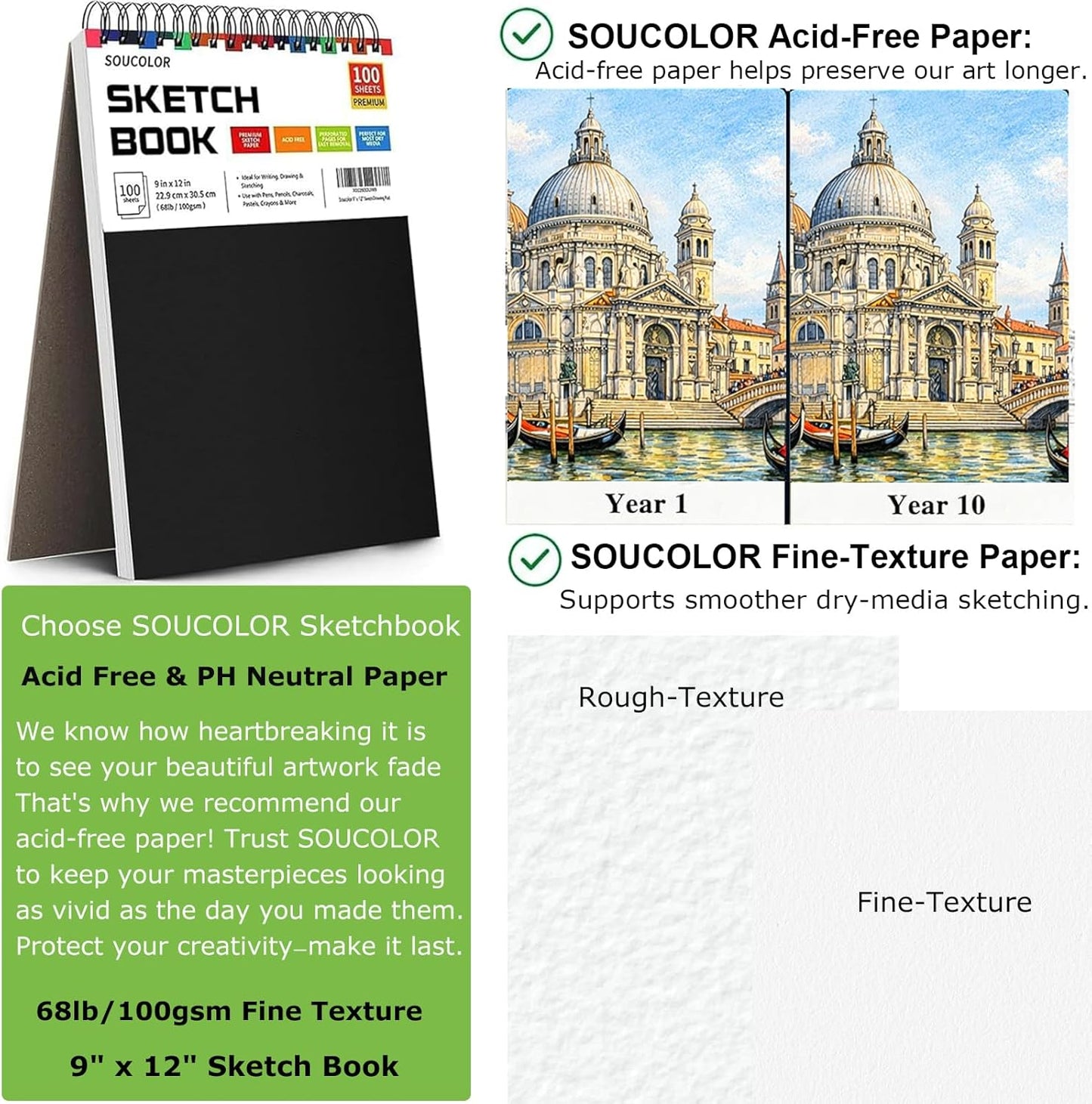 Soucolor 9" x 12" Sketch Book, 100 Sheets Top Spiral Bound Sketchbook with Acid-Free 68lb/100gsm Thick Drawing Paper, Art Sketch Pad for