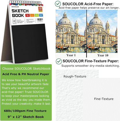 Soucolor 9" x 12" Sketch Book, 100 Sheets Top Spiral Bound Sketchbook with Acid-Free 68lb/100gsm Thick Drawing Paper, Art Sketch Pad for