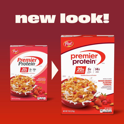 Premier Protein Mixed Berry Almond Cereal, Protein Cereal Flakes Mixed with Dried Berries and Sliced Almonds, Contains 20g of Protein Per
