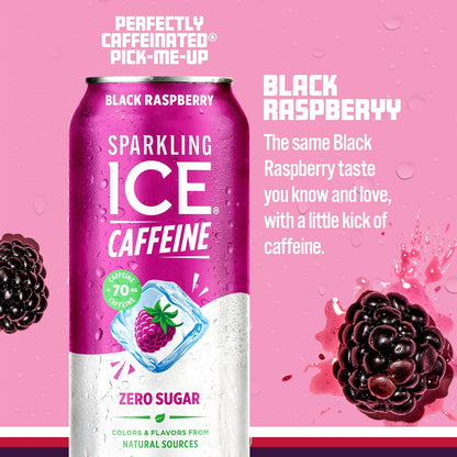 Sparkling Ice Caffeine Black Raspberry Sparkling Water with Caffeine, Zero Sugar, with Antioxidants and Vitamins,16 fl oz Cans (2)