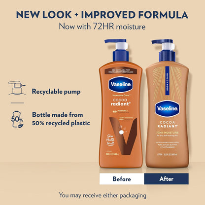Vaseline Intensive Care Body Lotion Cocoa Radiant 3 count for Dry Skin Lotion Made with Ultra-Hydrating Lipids and Pure Cocoa Butter for a