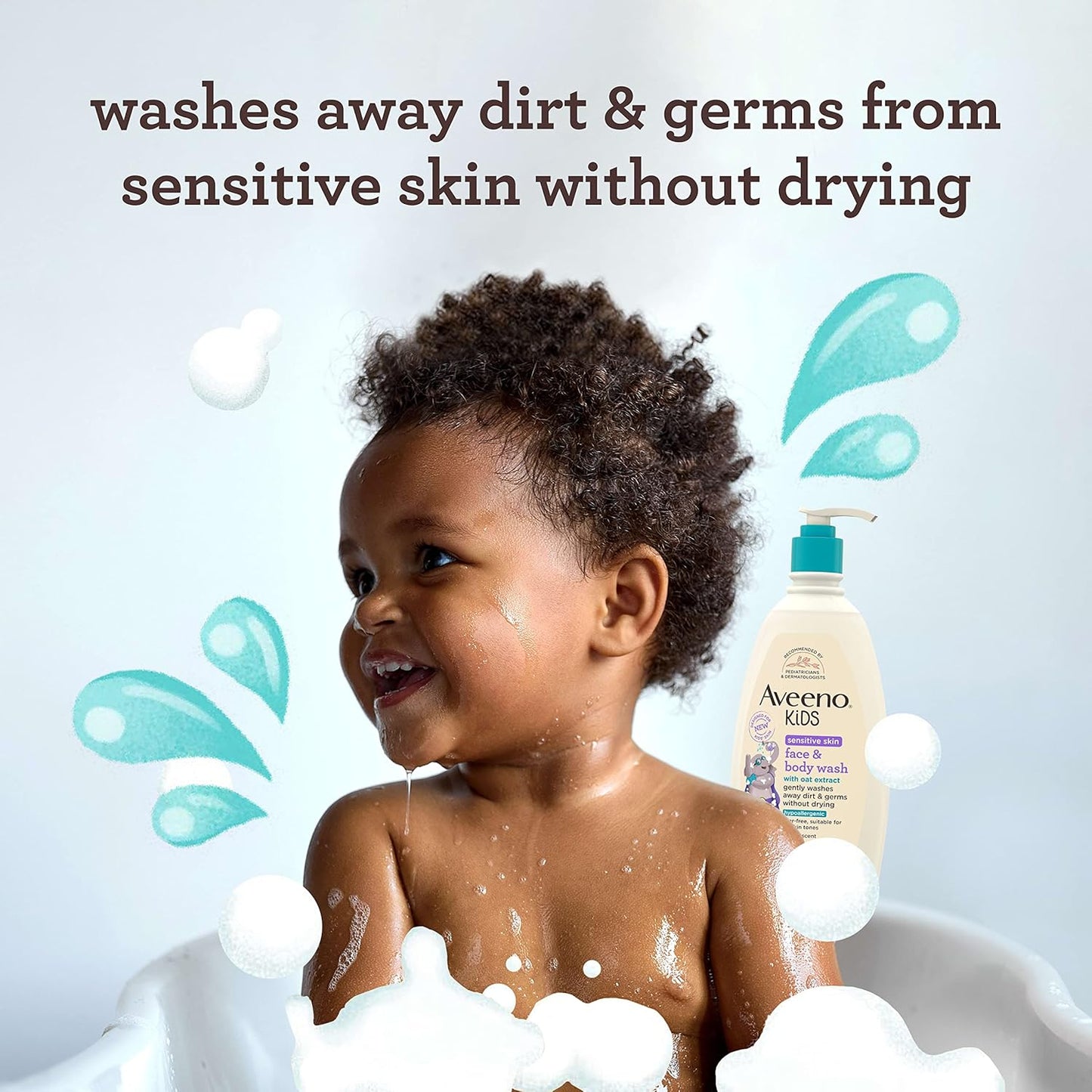 Aveeno Kids Face & Body Wash for Sensitive Skin, Oat Extract, Tear-Free, Non-Drying, Light Scent, Pump Dispenser, Hypoallergenic, Sulfate & Dye