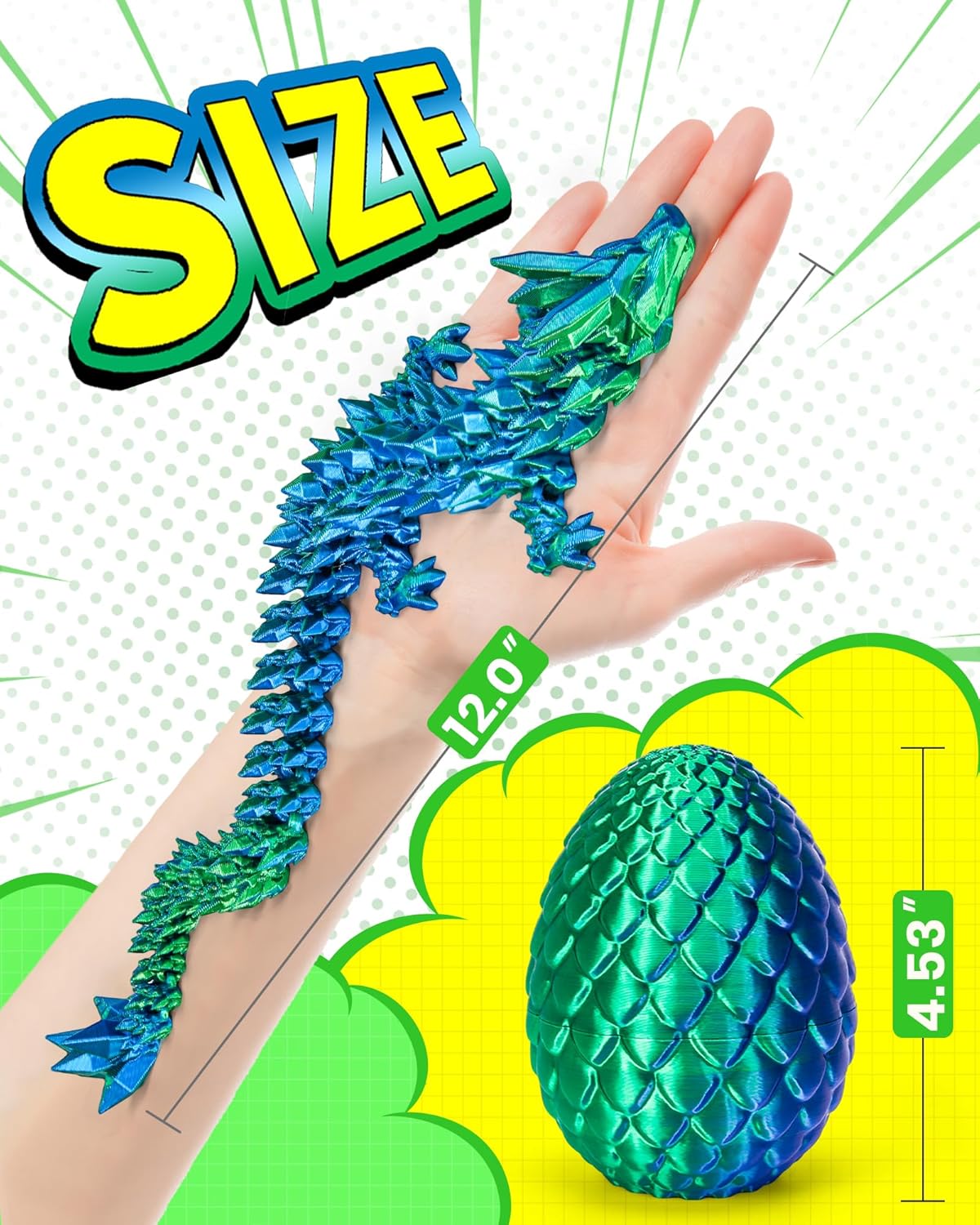 TBOLINE 12" 3D Printed Dragon Egg, Cool 3D Printer Articulated Crystal Dragon Toys for