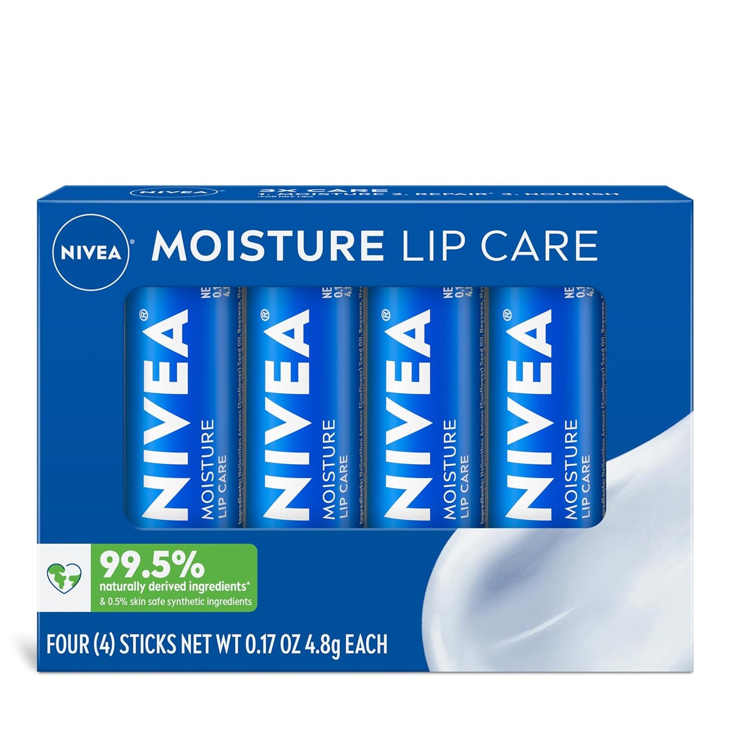 NIVEA Moisture Lip Care, Hydrating Lip Balm with Shea Butter, Nourishing Oils and Vitamin C & E, 3-in-1 Moisture, Repair and Nourish, 0.17 Oz