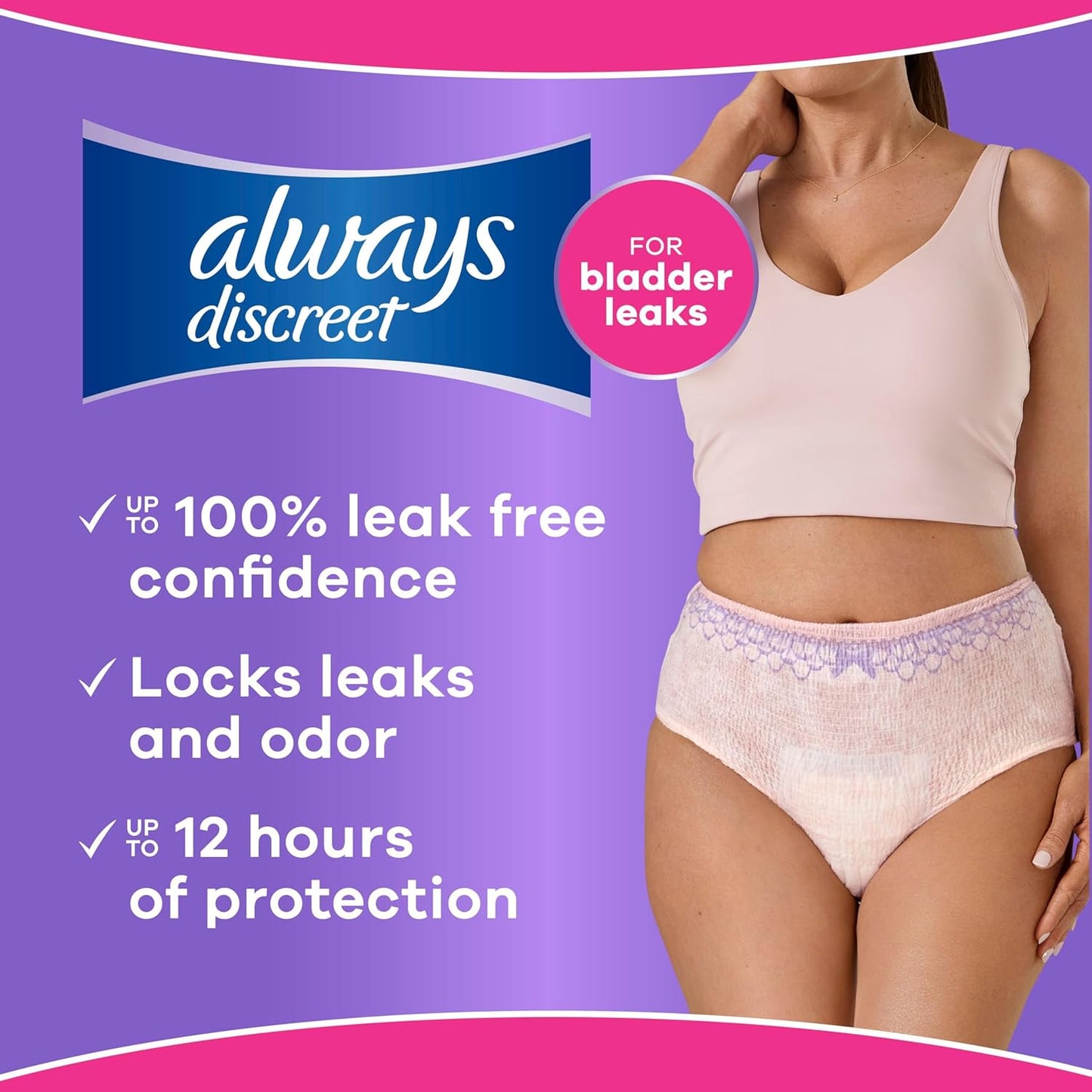 Always Discreet Adult Diapers for Women, Incontinence Underwear, Postpartum Essentials, Disposable Briefs, Max Absorbency, Bladder Leak