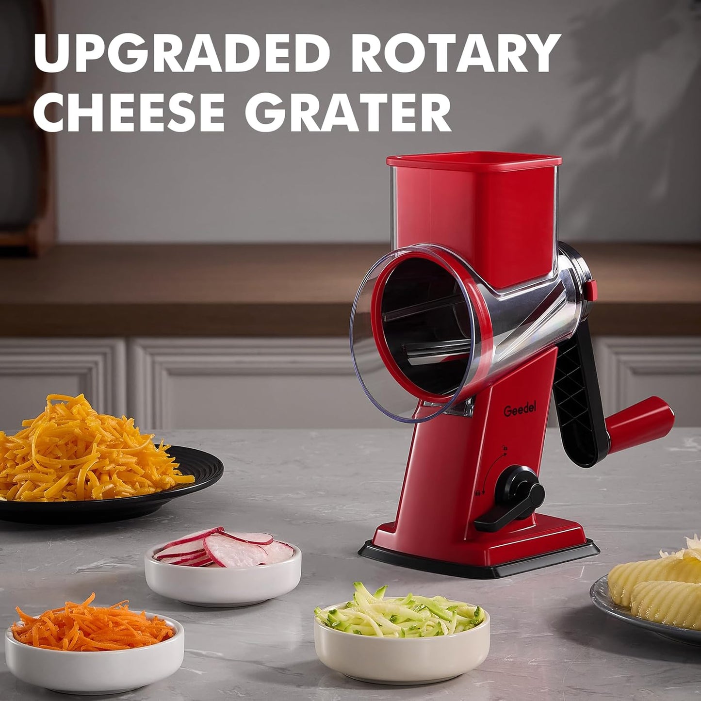 Geedel Rotary Cheese Grater, Kitchen Mandoline Vegetable Slicer with 3 Interchangeable Blades, Easy to Clean Rotary Grater Slicer for