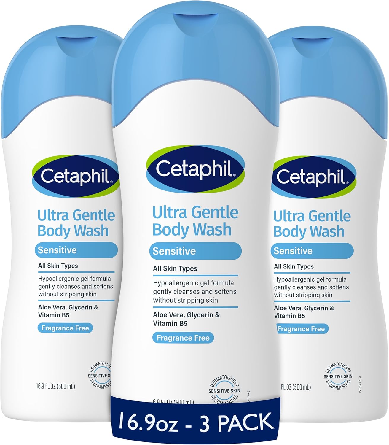 Cetaphil Ultra Gentle Body Wash, For Dry to Normal, Sensitive Skin, 16.9oz Pack of 3, Aloe Vera, Vitamin B5, Hypoallergenic, Paraben