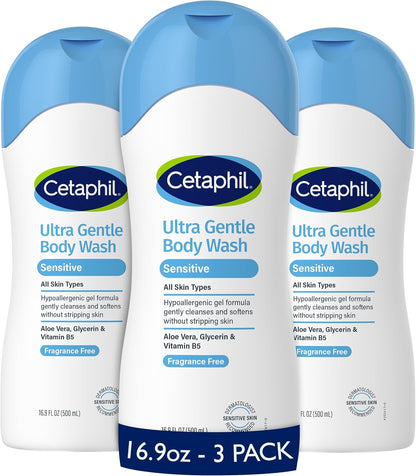 Cetaphil Ultra Gentle Body Wash, For Dry to Normal, Sensitive Skin, 16.9oz Pack of 3, Aloe Vera, Vitamin B5, Hypoallergenic, Paraben