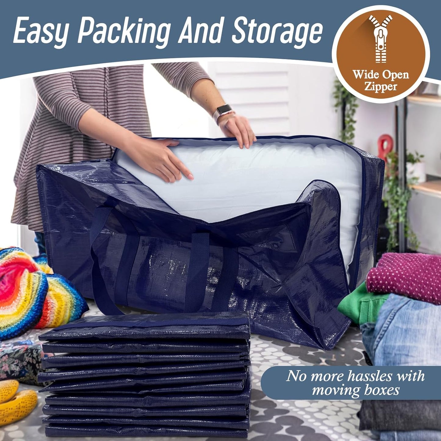 6 Pack Extra Heavy Duty Large Moving Bags with Strong Zipper & Comfortable Handles, Sturdy & Durable Clothes Storage Bags Totes