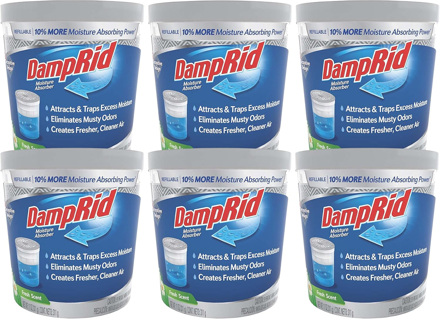 DampRid Refillable Moisture Absorber, 11 oz., 6-Pack - Fresh Scent Moisture Absorbers, 10% More Absorbing Power*, Eliminates Musty Odors for