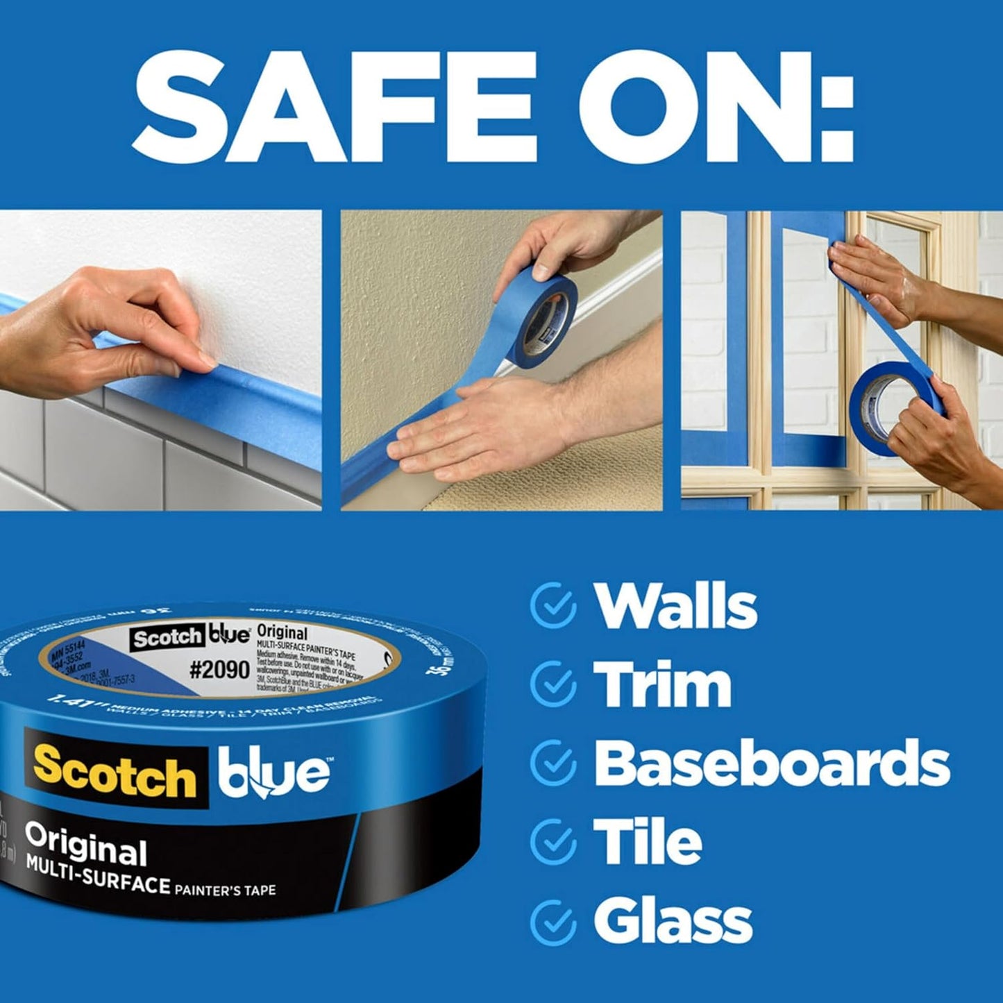 ScotchBlue Original Multi-Surface Painters Tape, 2 Inch Wide (1.88 in. x 60 Yds), 3 Rolls, Blue Paint Tape Protects and Removes