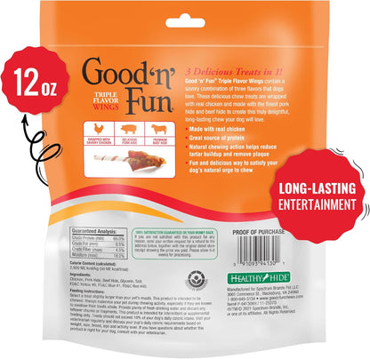 Good n Fun Triple Flavor Wings Chews for All Dogs, 12 Ounces, Treat Your Dog to Long-Lasting Chews Made from Chicken, Pork Hide and Beef Hide