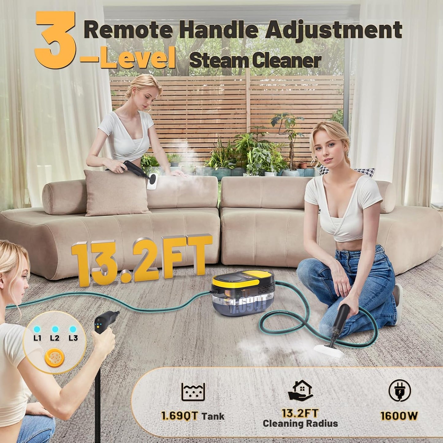 Gautye Steam Cleaner, 3 Level Adjustable Handle, 15s Heat Up, 1.69 Quarts Tank, Portable Steamer for Cleaning with 15 pcs