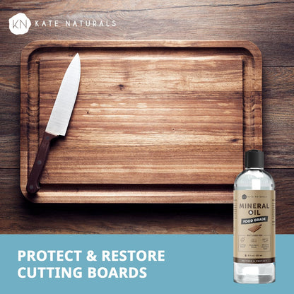 Kate Naturals Mineral Oil for Wood Cutting Board, Butcher Block, and Knife. Food Grade Mineral Oil for Wooden Cutting Board & Utensils