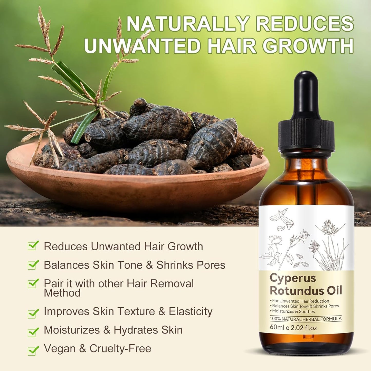 Cyperus Rotundus Oil, Natural for Reducing Body Hair Growth, Cyperus Rotundus Oil for Hair Removal, Reduces Unwanted Hair