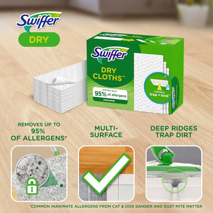 Swiffer Sweep + Mop, Dry Pads Refill, Floor Cleaner for Dirt, Dust, Hair, Cleaning Cloths for Mopping Home, Bathroom, Kitchen, Dust Mop, Floor