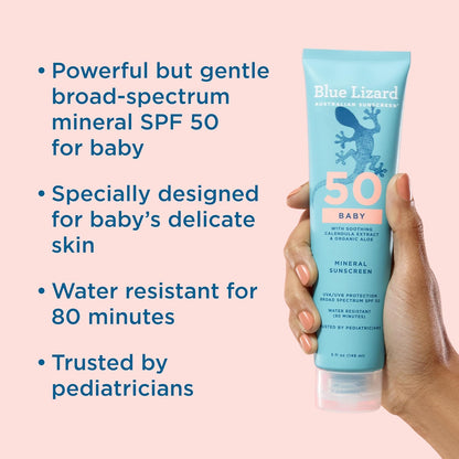 Blue Lizard BABY Mineral Sunscreen with Zinc Oxide, SPF 50+, Water Resistant, UVA/UVB Protection with Smart Cap Technology - Fragrance