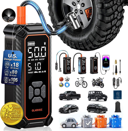 OlarHike Tire Inflator Portable Air Compressor, 150PSI Dual Power - 6000mAh & 12V DC, Cordless Air Pump for Car Tires, Bikes