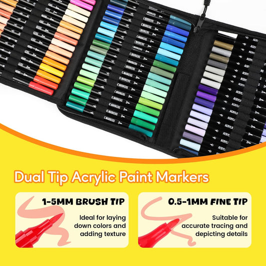 Pagather 72 Colors Acrylic Paint Markers, Dual Tip with Fine Tip and Brush Tip Pens for Stone, Wood, Calligraphy, Canvas, Ceramic, Metal
