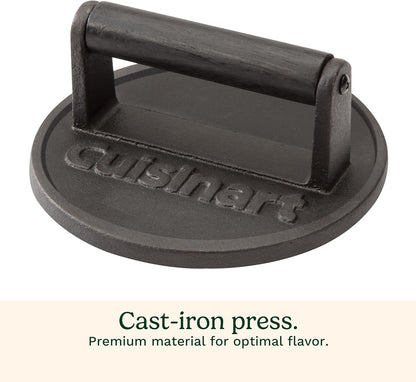 Cuisinart 6.5" Cast Iron Smashed Burger Press, Round Flat Edge Grill Press for Crispy Smash Burgers, Burger Tool for Grill and Griddle
