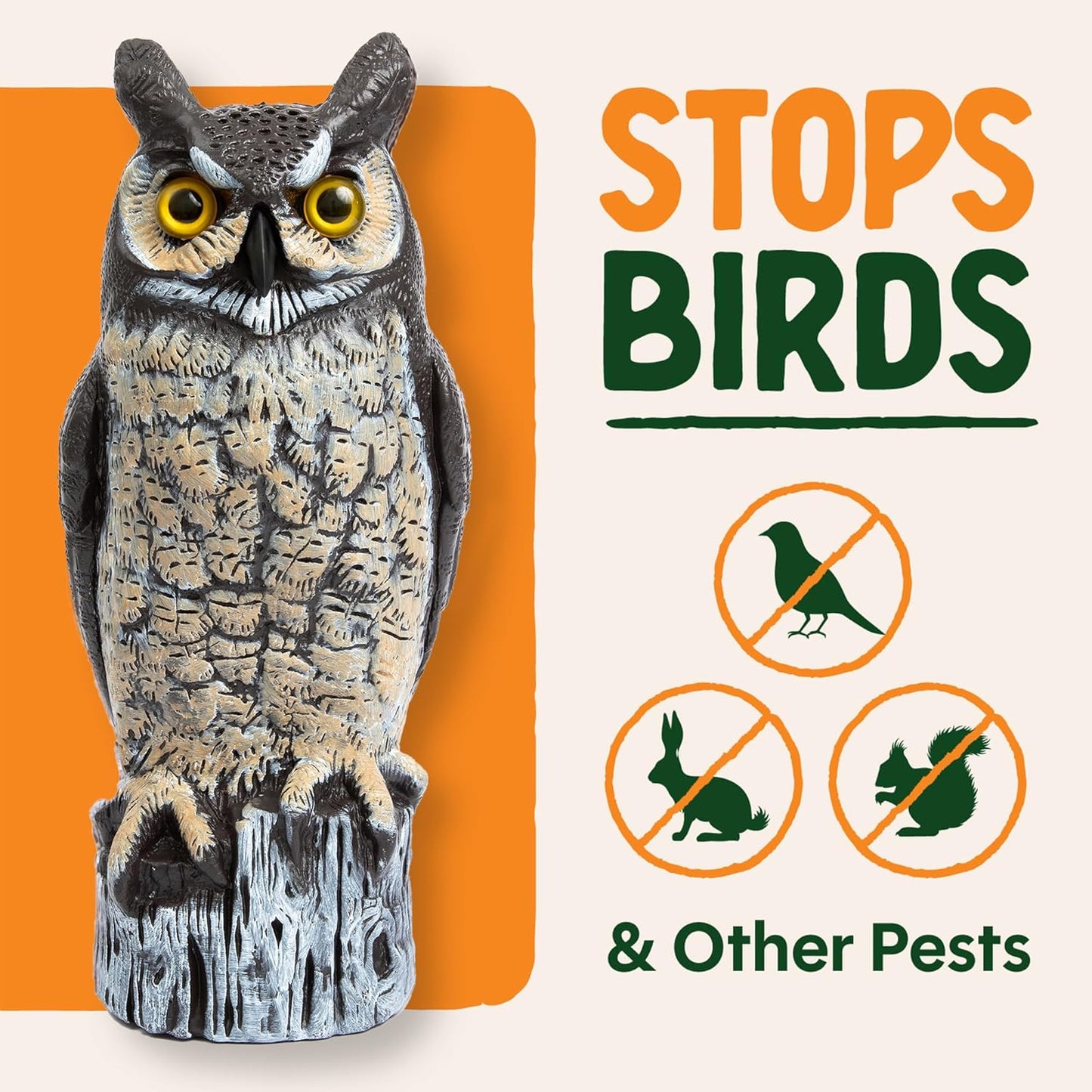Dalen Large Fake Owl Decoy to Scare Birds Away - 16 in Hand-Painted Great Horned Owl Garden Scarecrow for Natural Pest Control - Fixed Head Design -